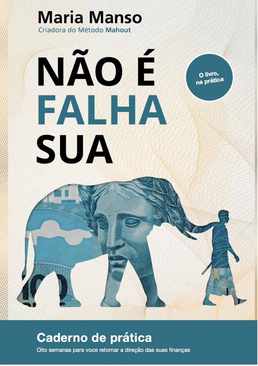 Capa do caderno de prática: a capa do livro Não é falha sua, com o elefante e o condutor, e a faixa Caderno de prática